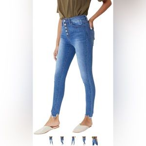 Kan Can Women's High Rise Button Fly Distressed Super Skinny Jeans